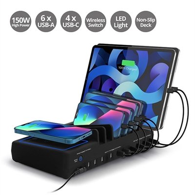 SIIG 10-port USB-A/C & Wireless Charging Station - 150W wireless charging pad / charging stand - 6 x USB, 4 x USB-C - 150 Watt